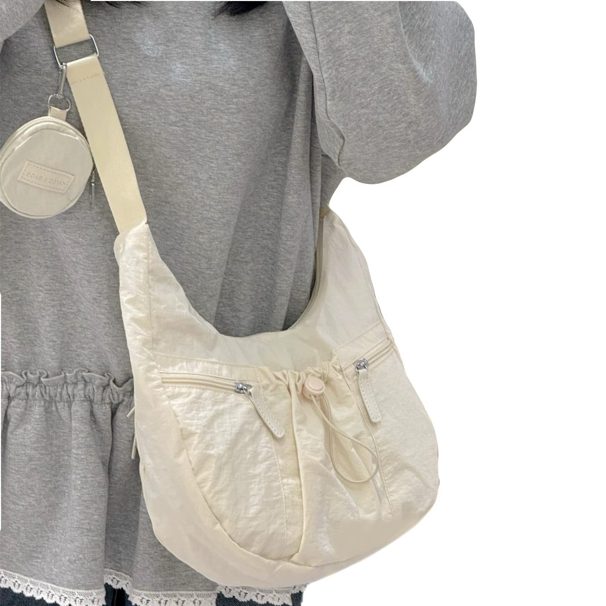white new fashion long strap zipper pockets should bag with drawstring